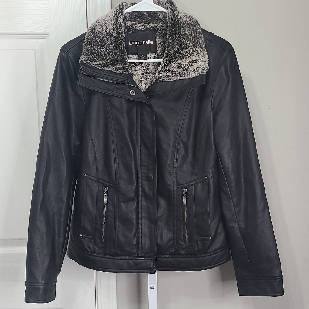 Bagatelle Women's M Black Faux Leather Jacket with Faux Fur Collar